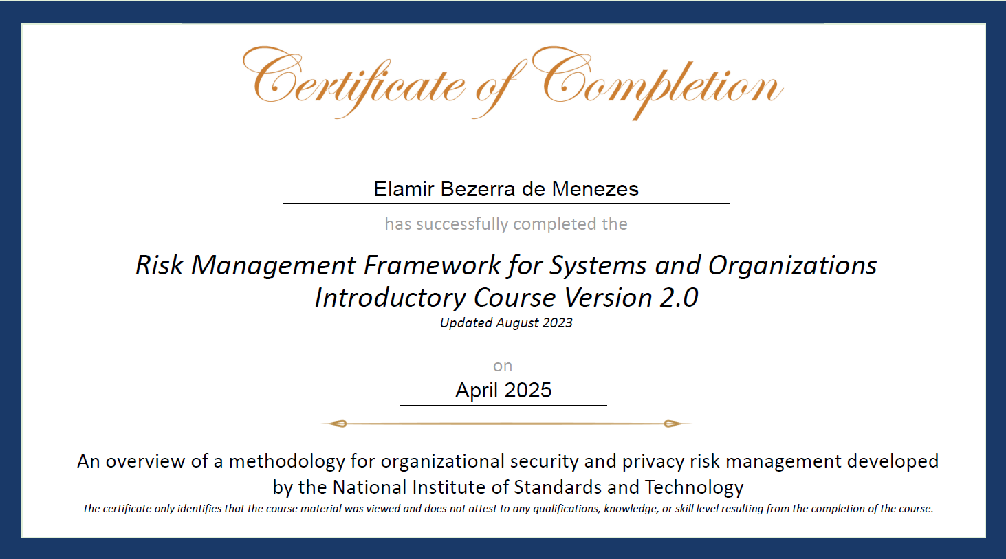 Certificado NIST - Risk Management Framework